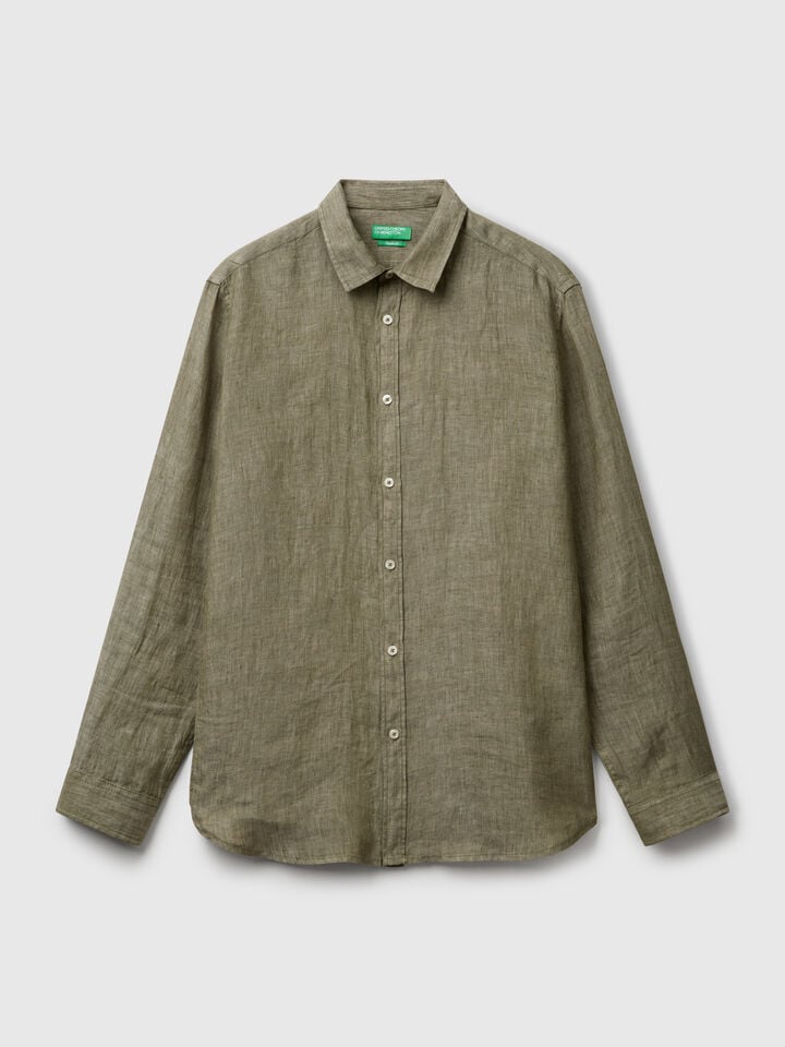 Benetton Military Green Shirt In Pure Linen Military Green