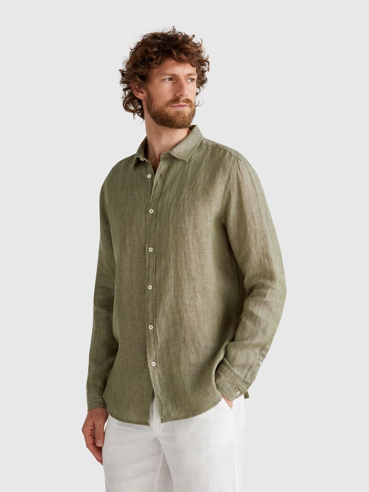 benetton Military green shirt in pure linen Military Green