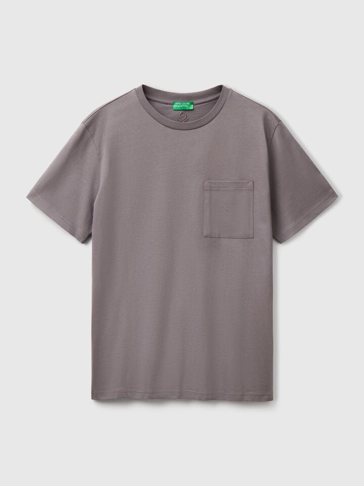 Benetton Mouse Gray Organic Cotton T-shirt With Pocket Dark Gray
