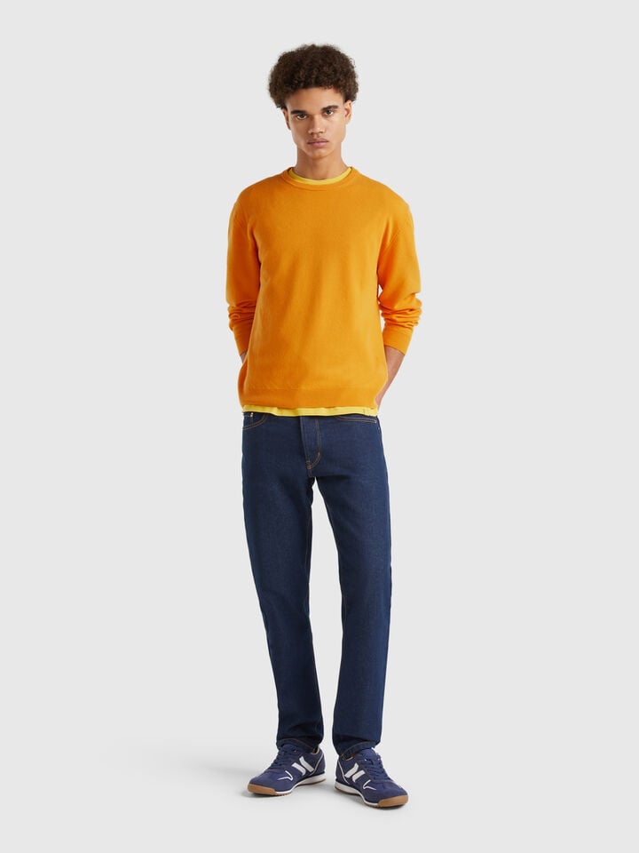 Benetton Ocher Yellow Sweater In Pure Merino Wool Mustard