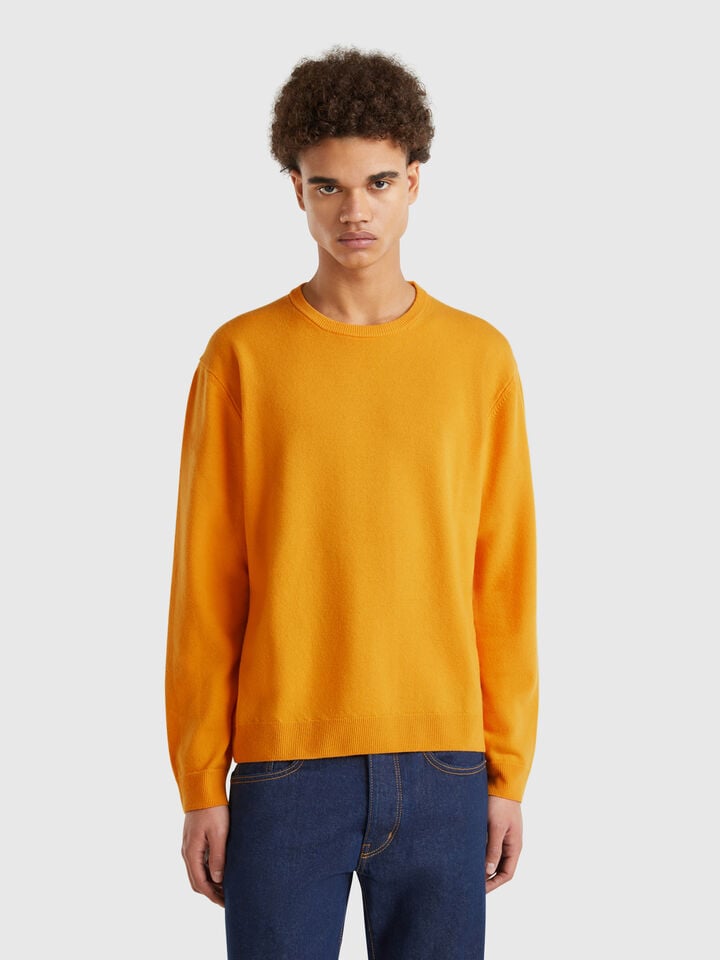 benetton Ocher yellow sweater in pure Merino wool Mustard
