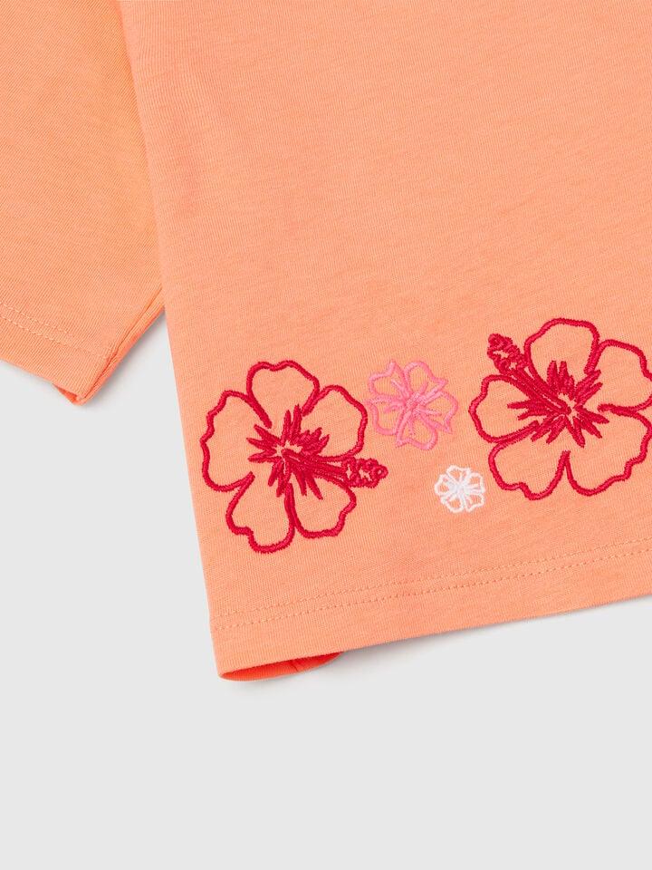 Benetton Orange T-shirt With Flower Embroidery Orange