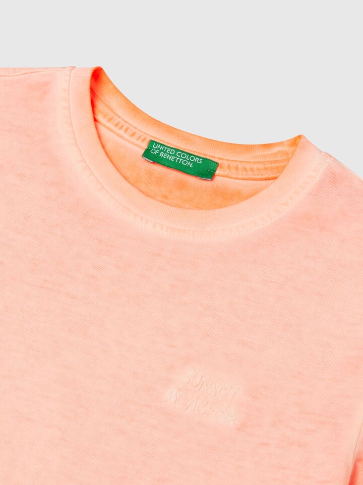 Benetton Oversized T-shirt With Embroidery Neon Orange