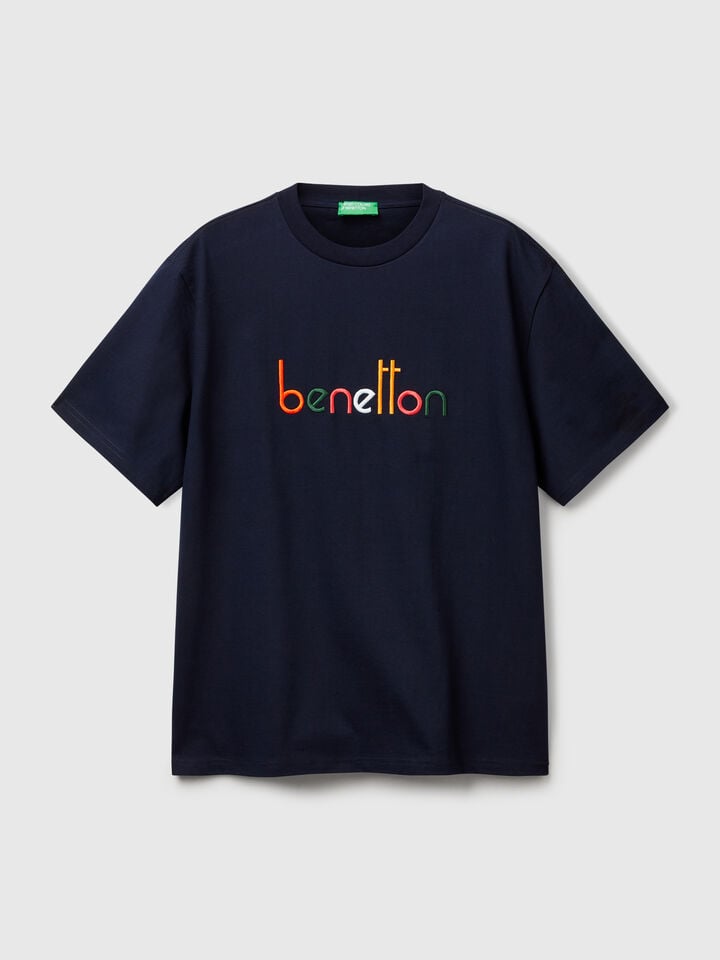 Benetton Oversized T-shirt With Logo Embroidery Dark Blue