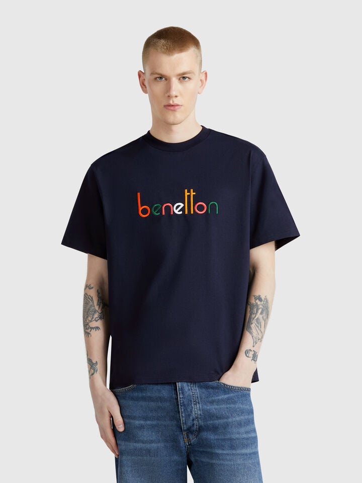 benetton Oversized t-shirt with logo embroidery Dark Blue