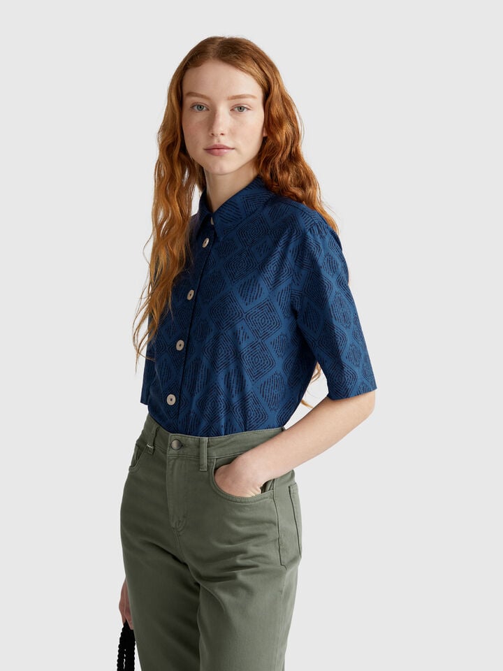 Benetton Patterned Shirt In Lightweight Cotton Blue