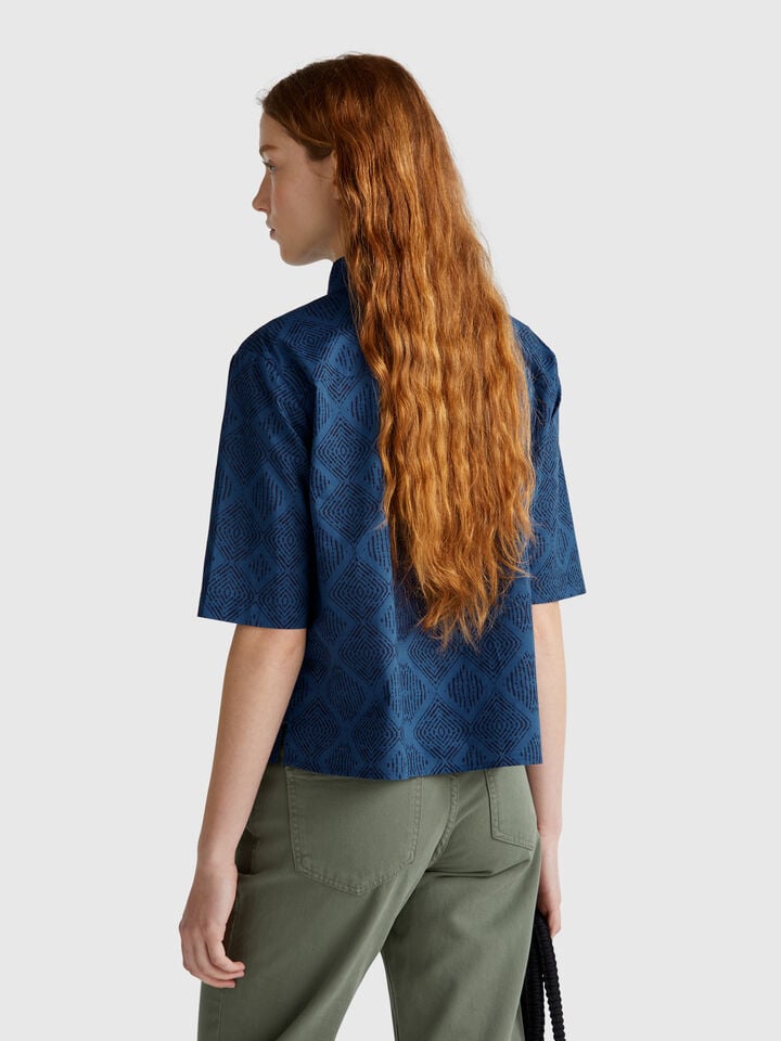 Benetton Patterned Shirt In Lightweight Cotton Blue