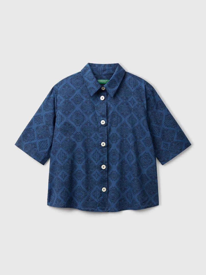 Benetton Patterned Shirt In Lightweight Cotton Blue