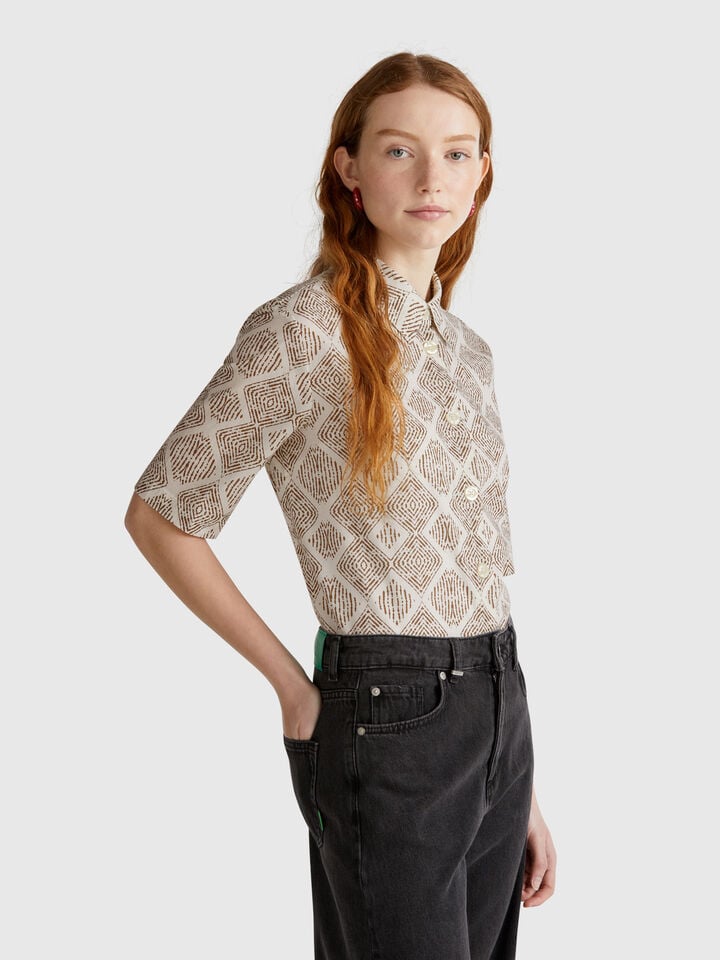 Benetton Patterned Shirt In Lightweight Cotton Creamy White