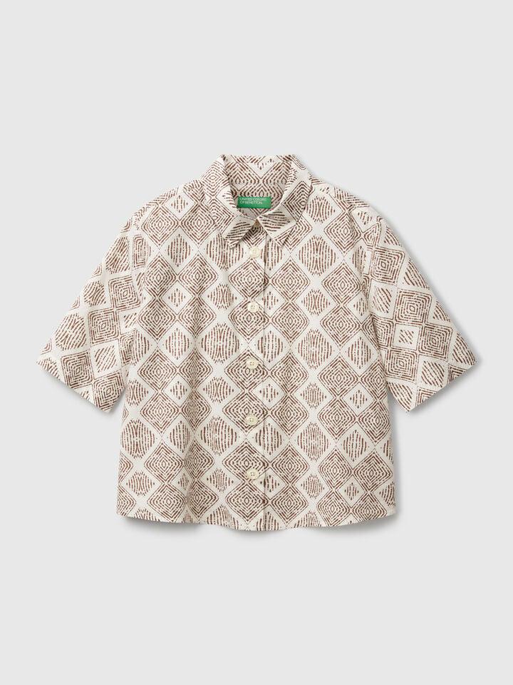 Benetton Patterned Shirt In Lightweight Cotton Creamy White