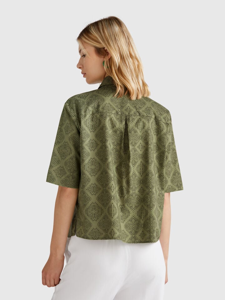 Benetton Patterned Shirt In Lightweight Cotton Military Green