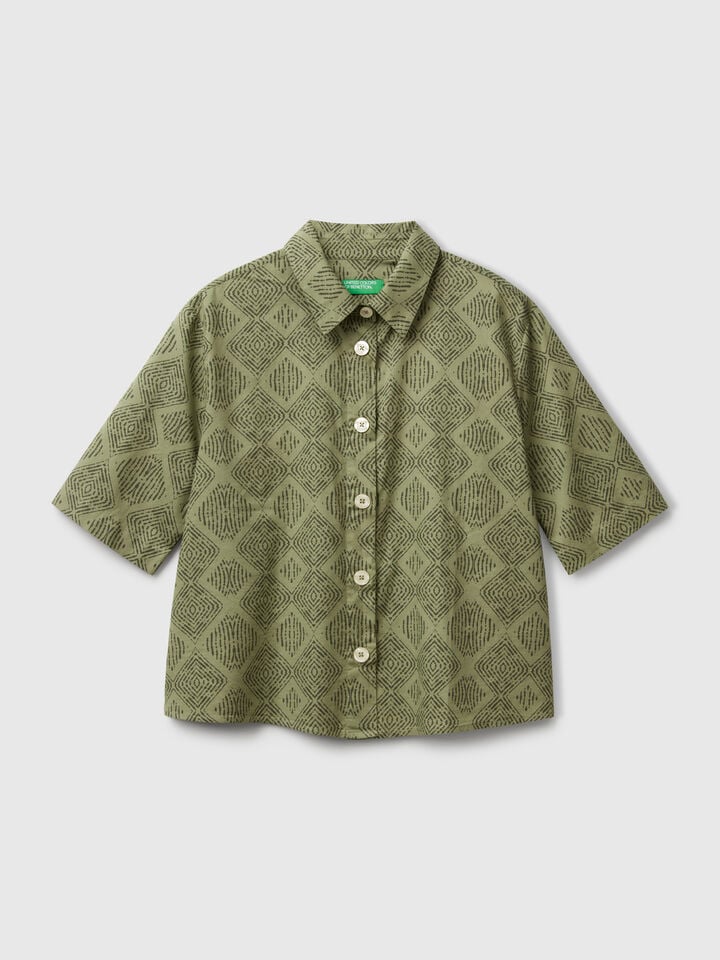 Benetton Patterned Shirt In Lightweight Cotton Military Green