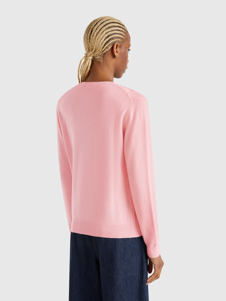 Benetton Powder Pink Crew Neck Sweater In Merino Wool Soft Pink