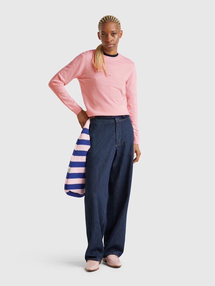 Benetton Powder Pink Crew Neck Sweater In Merino Wool Soft Pink