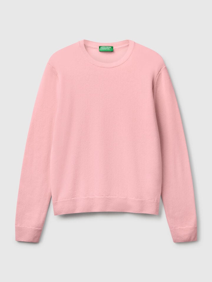 Benetton Powder Pink Crew Neck Sweater In Merino Wool Soft Pink
