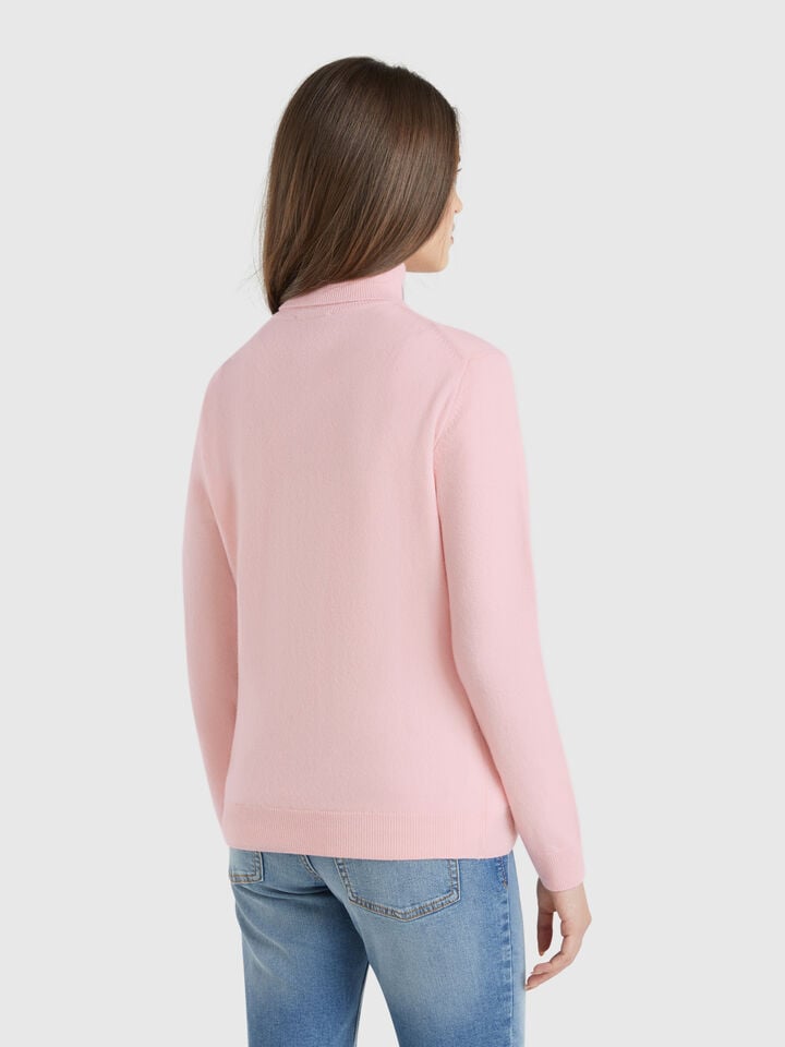 Benetton Powder Pink Turtleneck Sweater In Pure Merino Wool Soft Pink