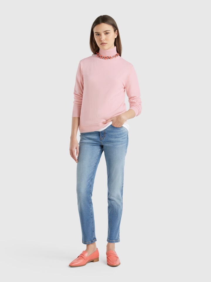 Benetton Powder Pink Turtleneck Sweater In Pure Merino Wool Soft Pink