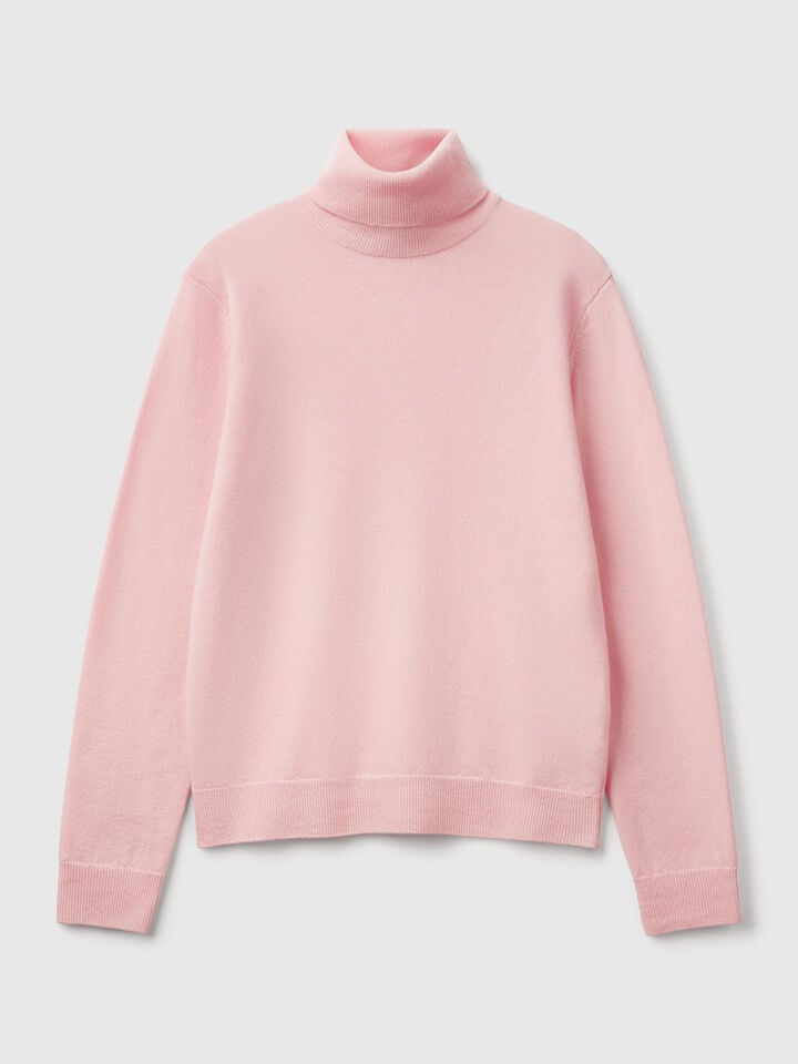 Benetton Powder Pink Turtleneck Sweater In Pure Merino Wool Soft Pink