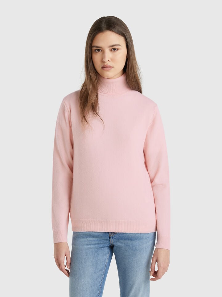 benetton Powder pink turtleneck sweater in pure Merino wool Soft Pink