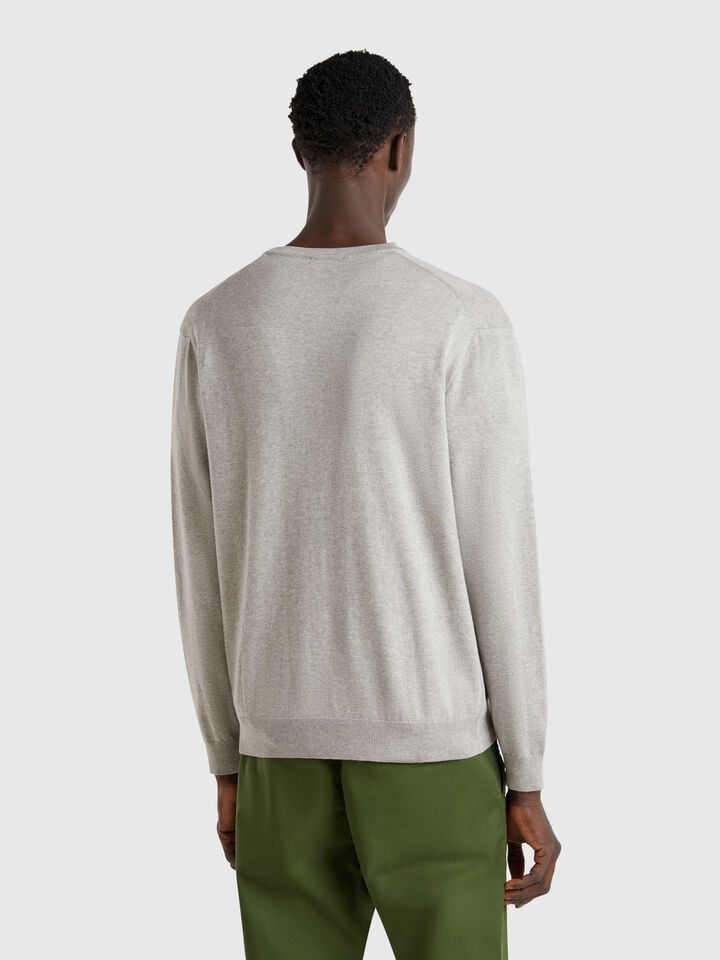 Benetton Pure Cotton Sweater With V-neck Light Gray