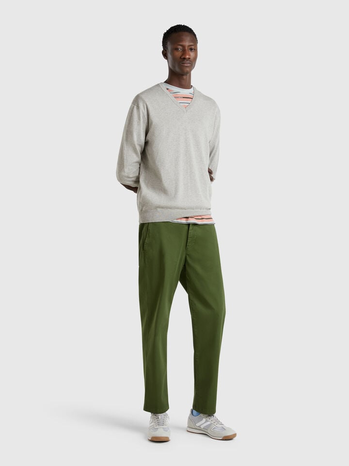 Benetton Pure Cotton Sweater With V-neck Light Gray