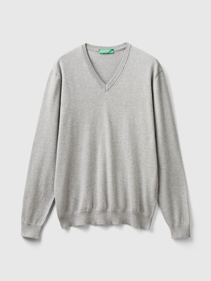 Benetton Pure Cotton Sweater With V-neck Light Gray
