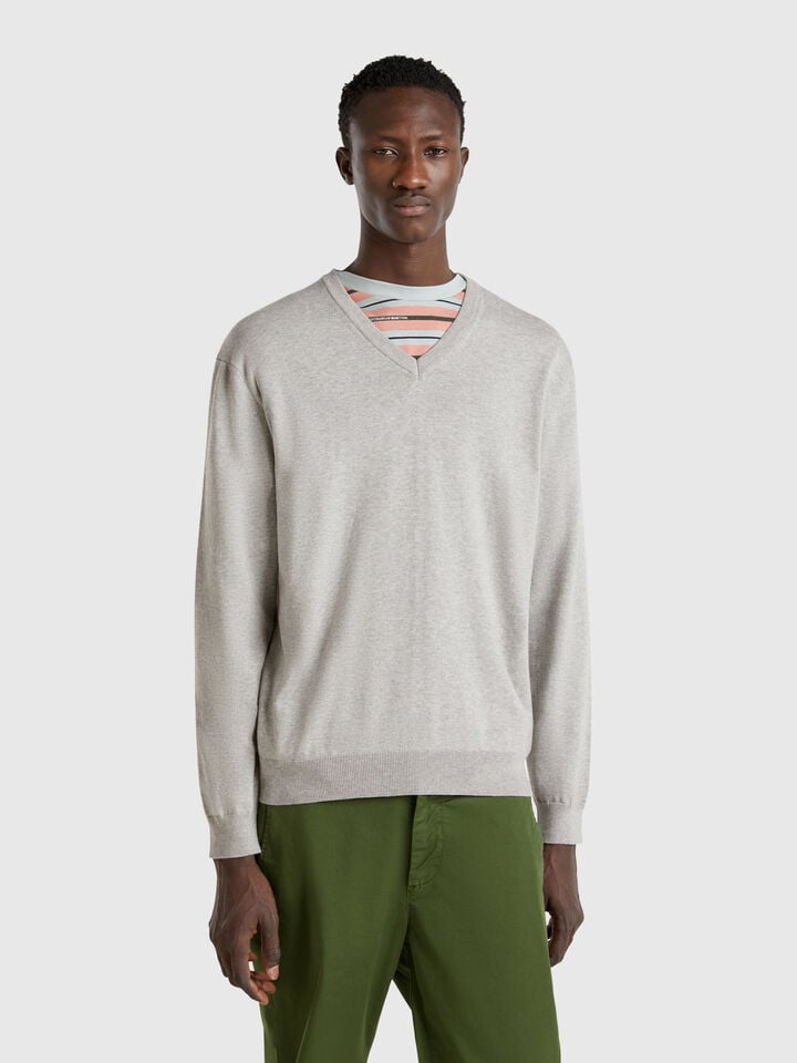 benetton Pure cotton sweater with V-neck Light Gray