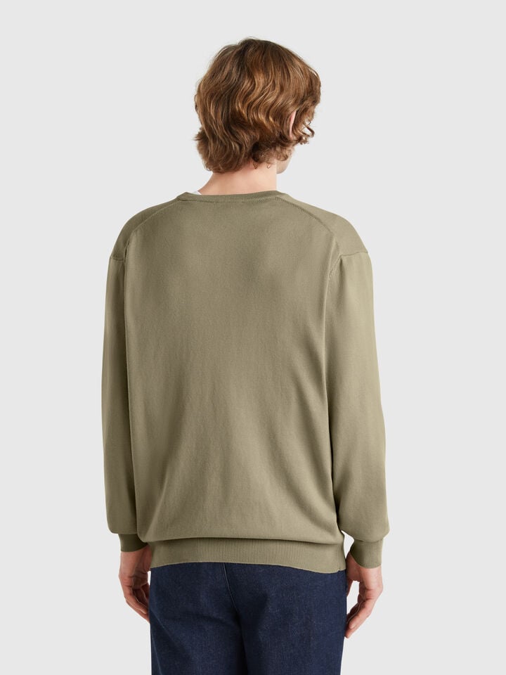 Benetton Pure Cotton Sweater With V-neck Military Green