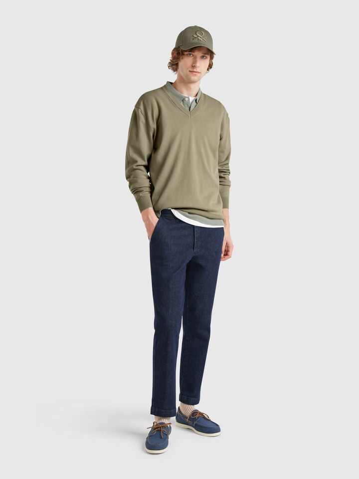 Benetton Pure Cotton Sweater With V-neck Military Green