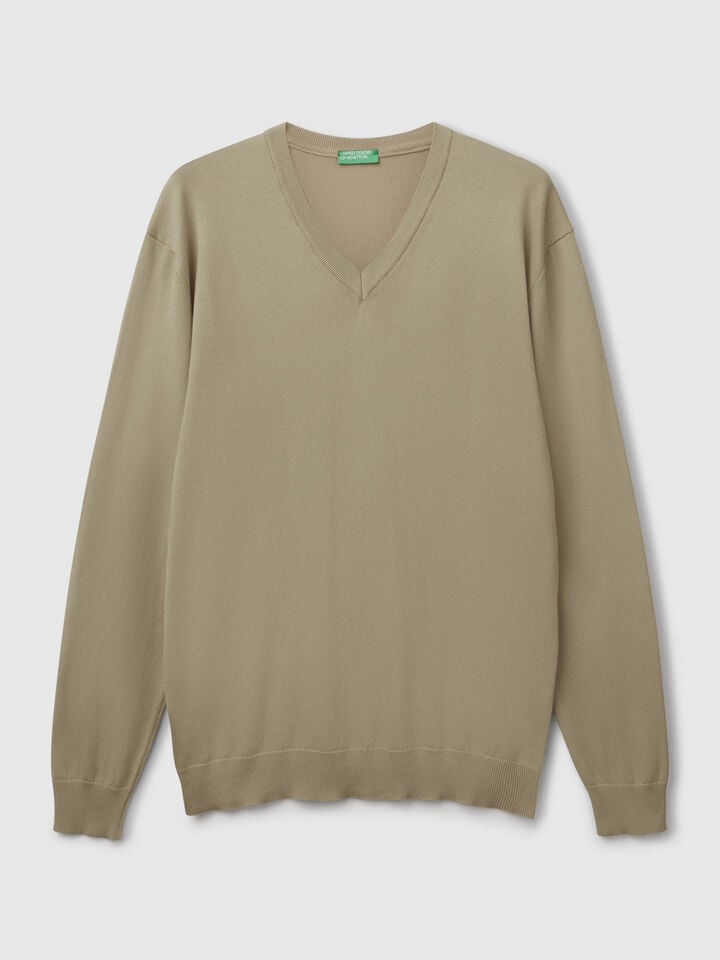 Benetton Pure Cotton Sweater With V-neck Military Green