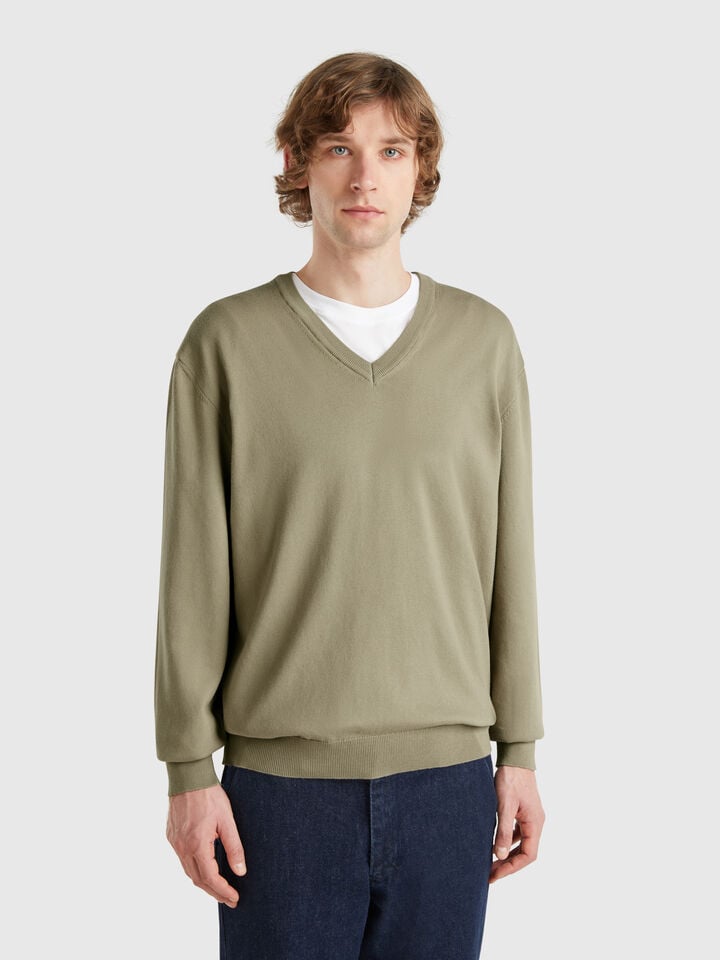 benetton Pure cotton sweater with V-neck Military Green