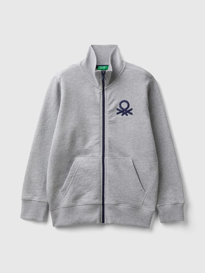 benetton Pure cotton sweatshirt with zipper Light Gray