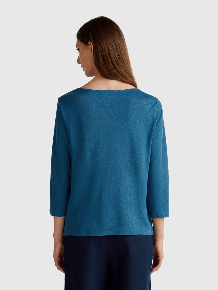 Benetton Pure Linen T-shirt With 3/4 Sleeves Air Force Blue