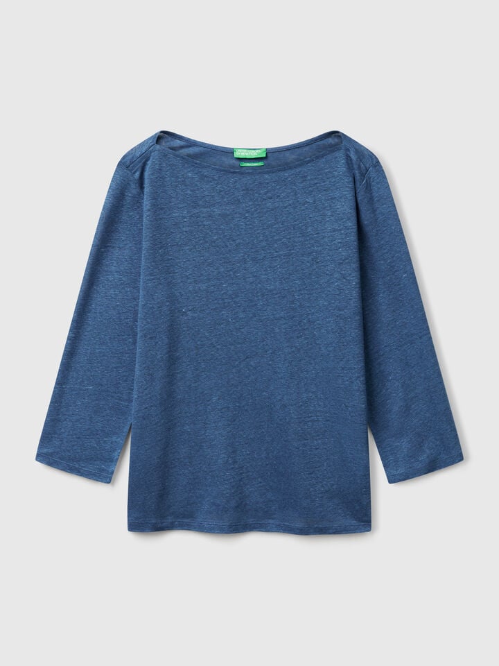 Benetton Pure Linen T-shirt With 3/4 Sleeves Air Force Blue