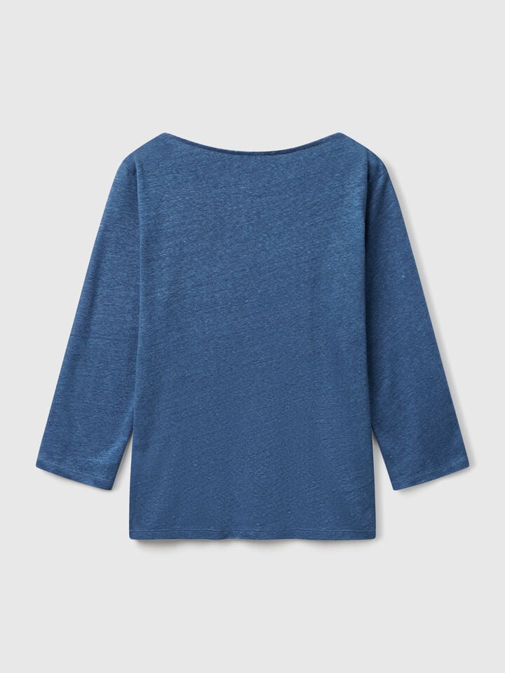 Benetton Pure Linen T-shirt With 3/4 Sleeves Air Force Blue