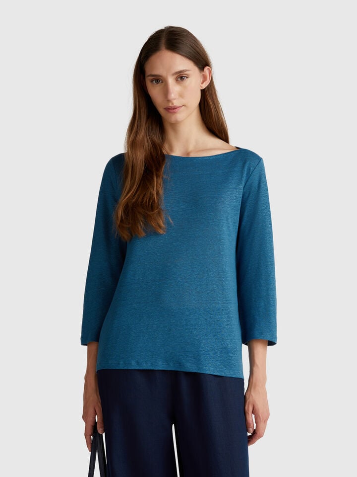 benetton Pure linen t-shirt with 3/4 sleeves Air Force Blue