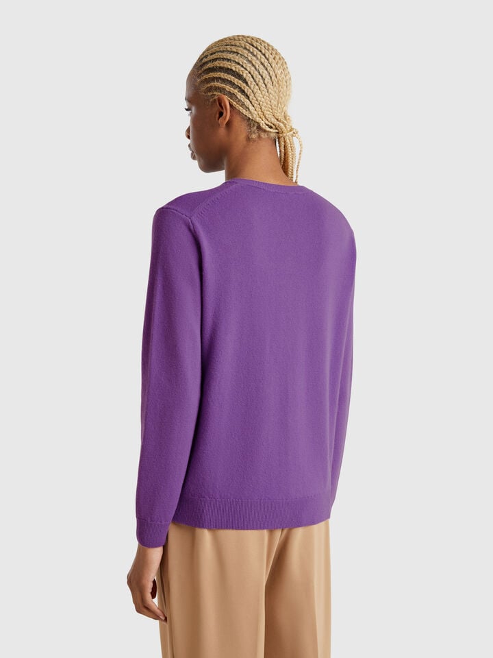 Benetton Purple Crew Neck Cardigan In Pure Merino Wool Violet