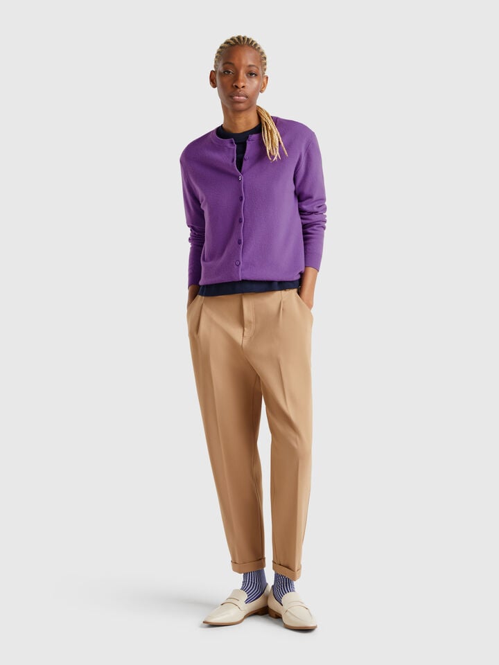 Benetton Purple Crew Neck Cardigan In Pure Merino Wool Violet