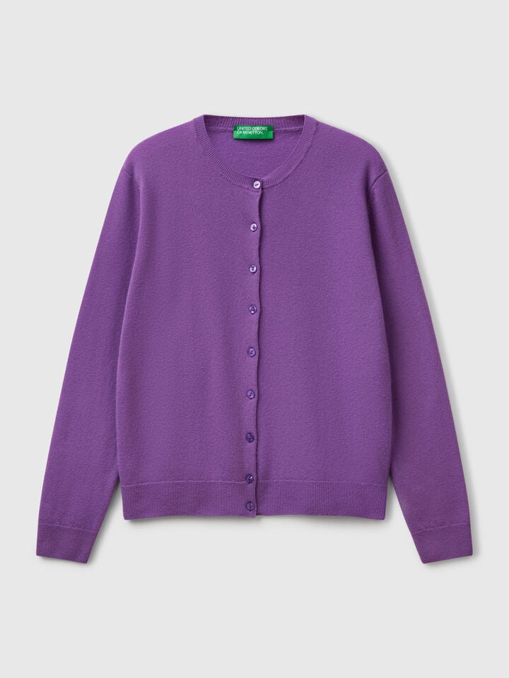 Benetton Purple Crew Neck Cardigan In Pure Merino Wool Violet