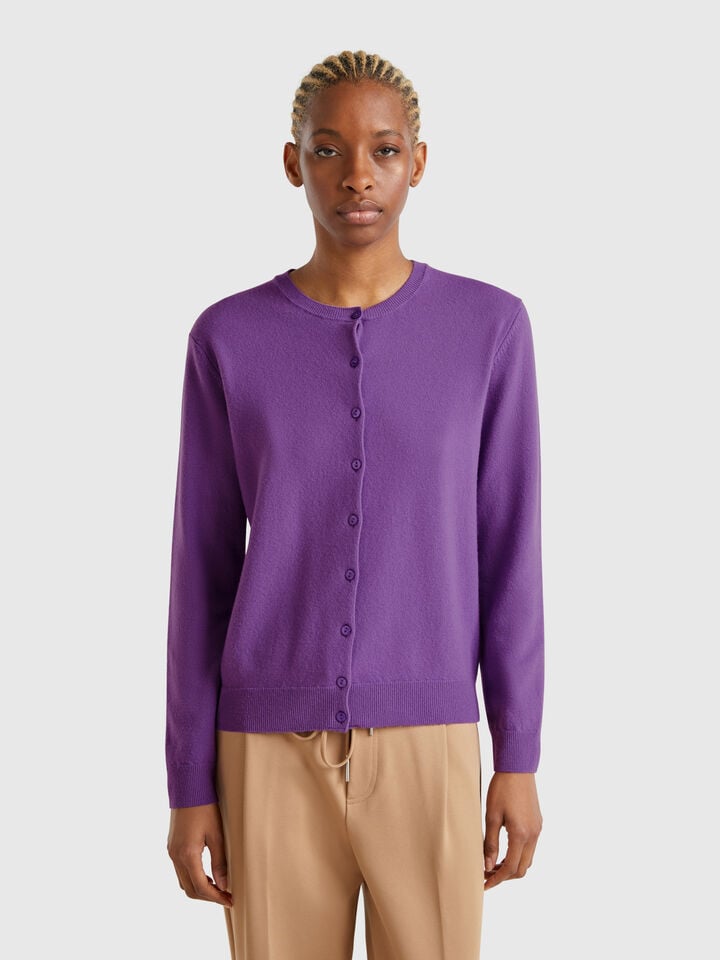 benetton Purple crew neck cardigan in pure Merino wool Violet