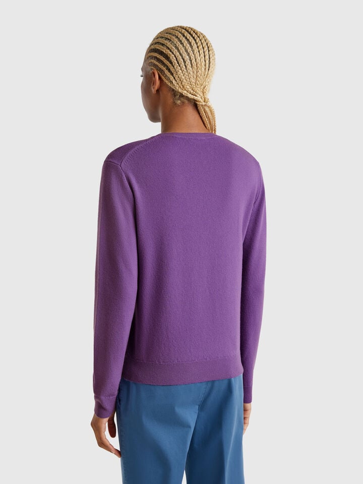 Benetton Purple Crew Neck Sweater In Merino Wool Violet