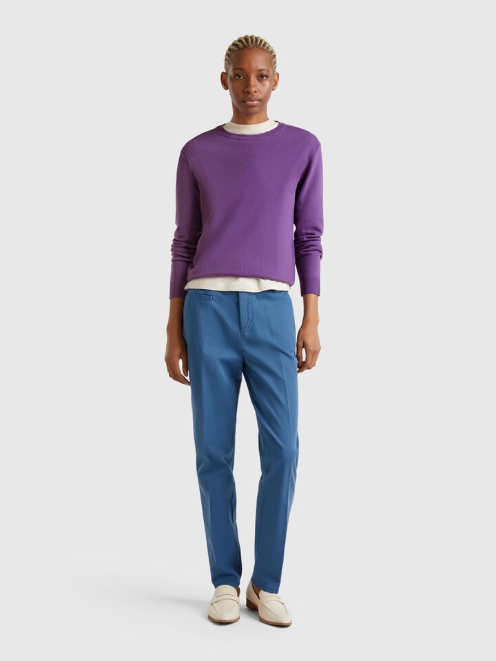 Benetton Purple Crew Neck Sweater In Merino Wool Violet