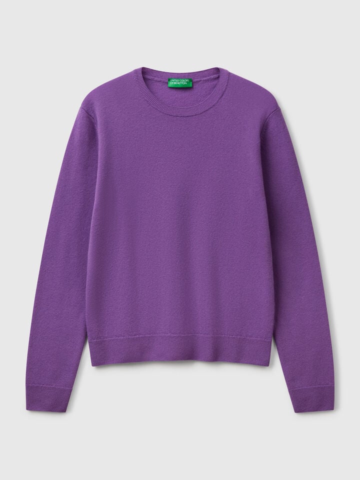 Benetton Purple Crew Neck Sweater In Merino Wool Violet