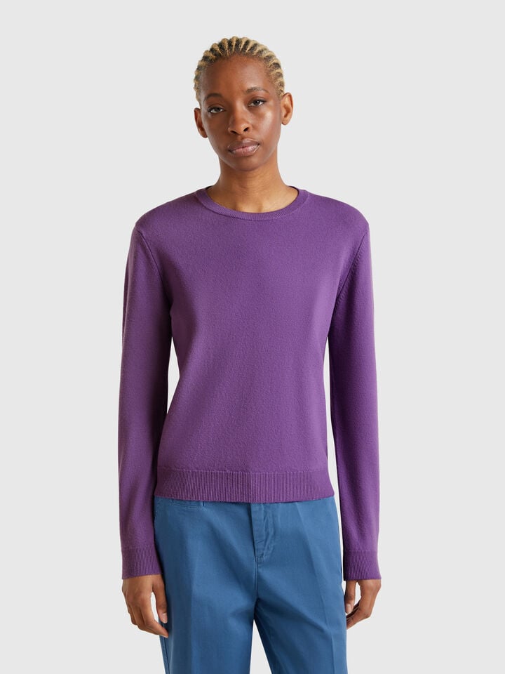 benetton Purple crew neck sweater in Merino wool Violet