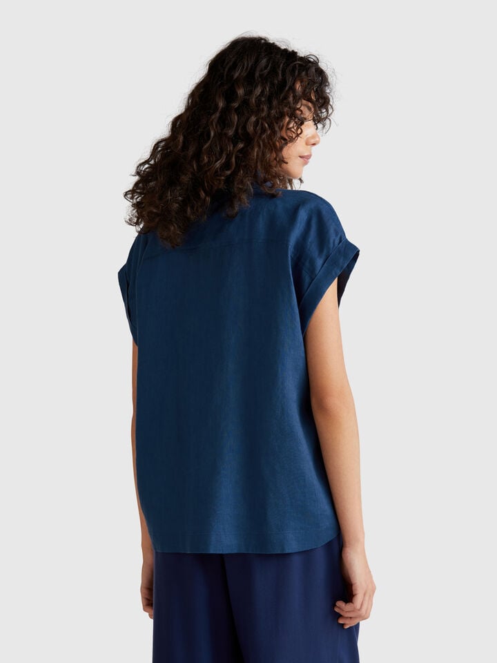Benetton Regular Fit Shirt In Pure Linen Air Force Blue
