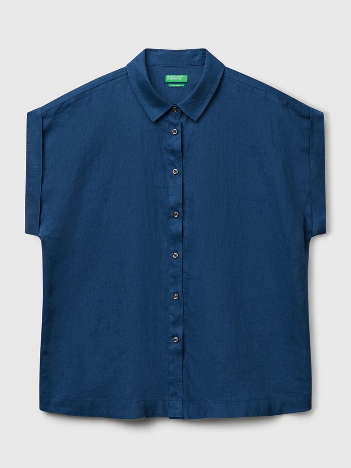 Benetton Regular Fit Shirt In Pure Linen Air Force Blue