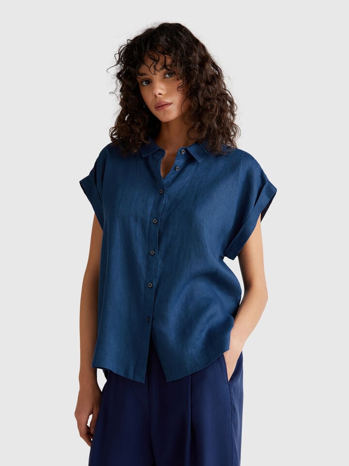 benetton Regular fit shirt in pure linen Air Force Blue