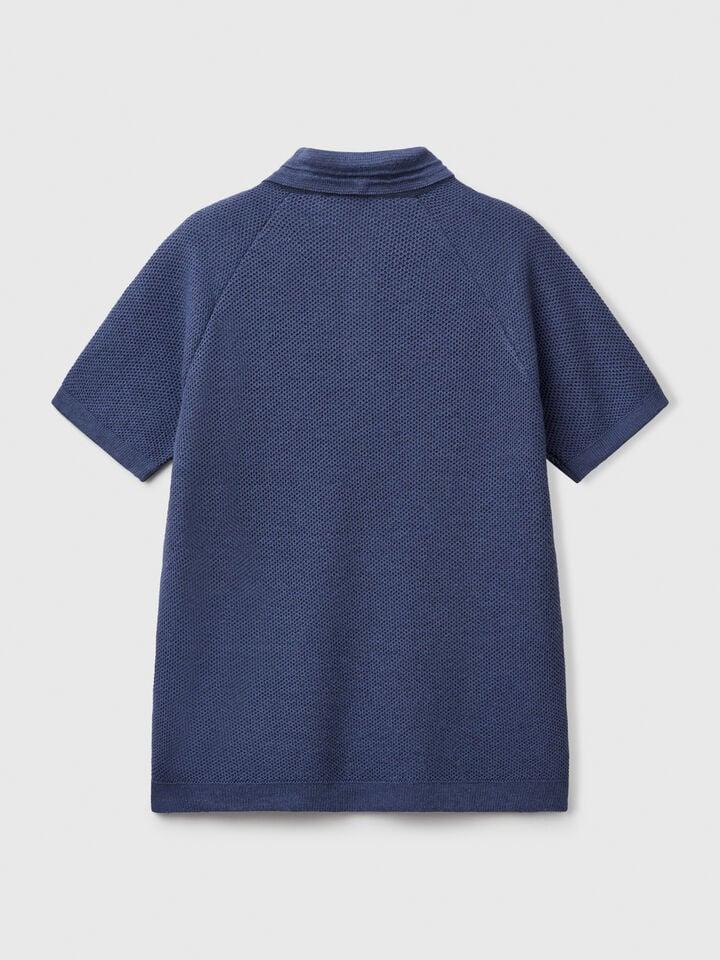 Benetton Short Sleeve Polo In Linen Blend Air Force Blue