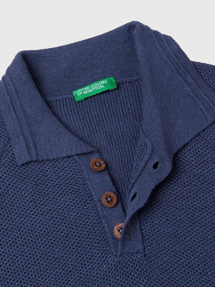 Benetton Short Sleeve Polo In Linen Blend Air Force Blue