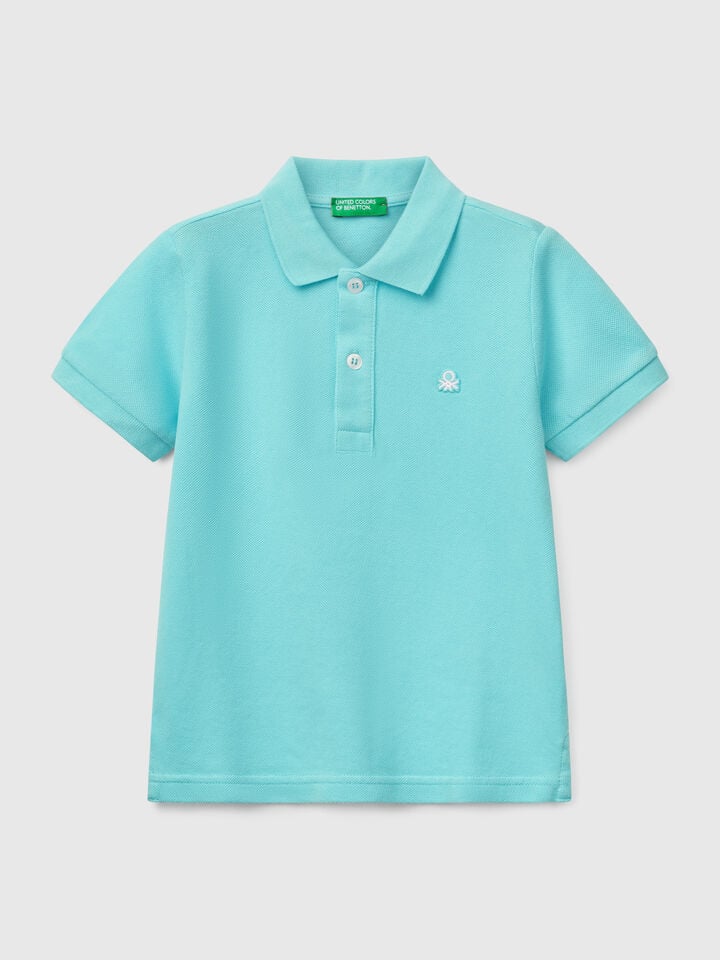 Benetton Short Sleeve Polo In Pure Cotton Turquoise